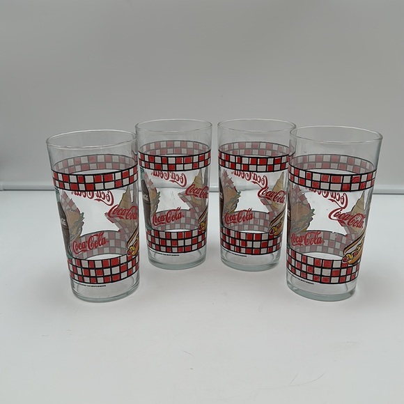 Coca Cola GLASSES 1997 Picnic Bottle and Burger Red Check-set of 4 - Picture 2 of 16
